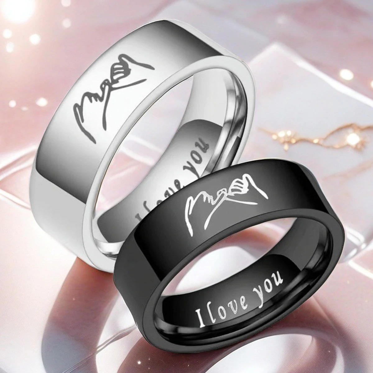 Titanium Steel Couple Rings with "I LOVE YOU" Engraved Inside - Black/White Matching Promise Rings for Couples, Anniversary Jewe