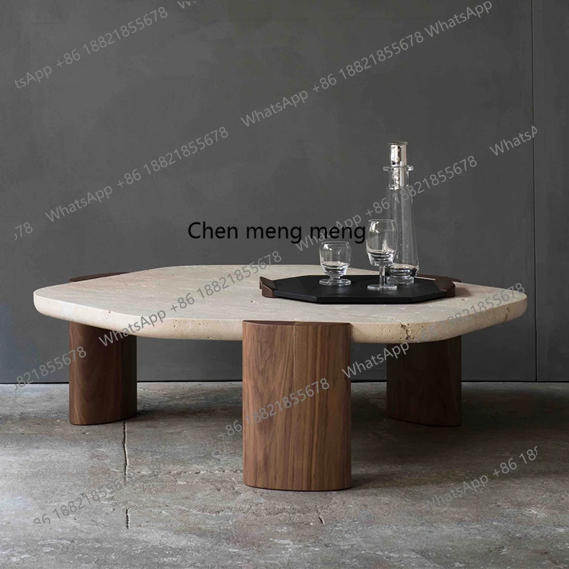 

Natural travertine coffee table, retro Roman cave marble solid wood coffee tea table