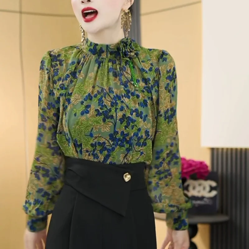 

Осенняя зеленая женская рубашка с длинными рукавами и цветочным принтом 2022, универсальная модная ретро-рубашка, топы