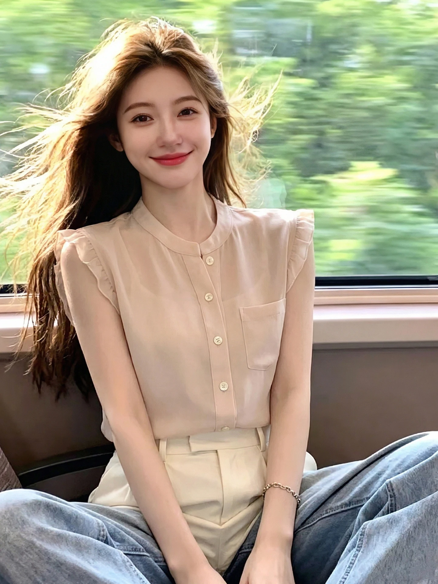 

Fashionable Chic Women's Chiffon Top Single Button Simple Versatile Summer Design Sensation Straight Tube Sleeveless round Neck