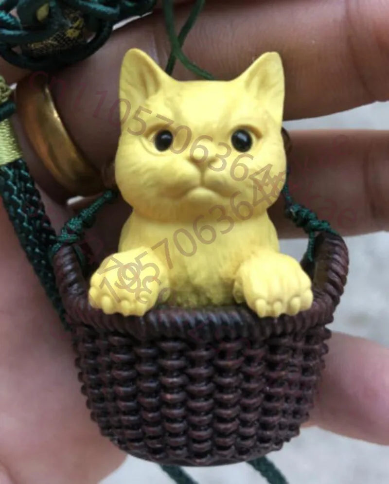 

2-дюймовая китайская фигурка из резного самшита (нэцусэ) - очаровательный кот в корзине