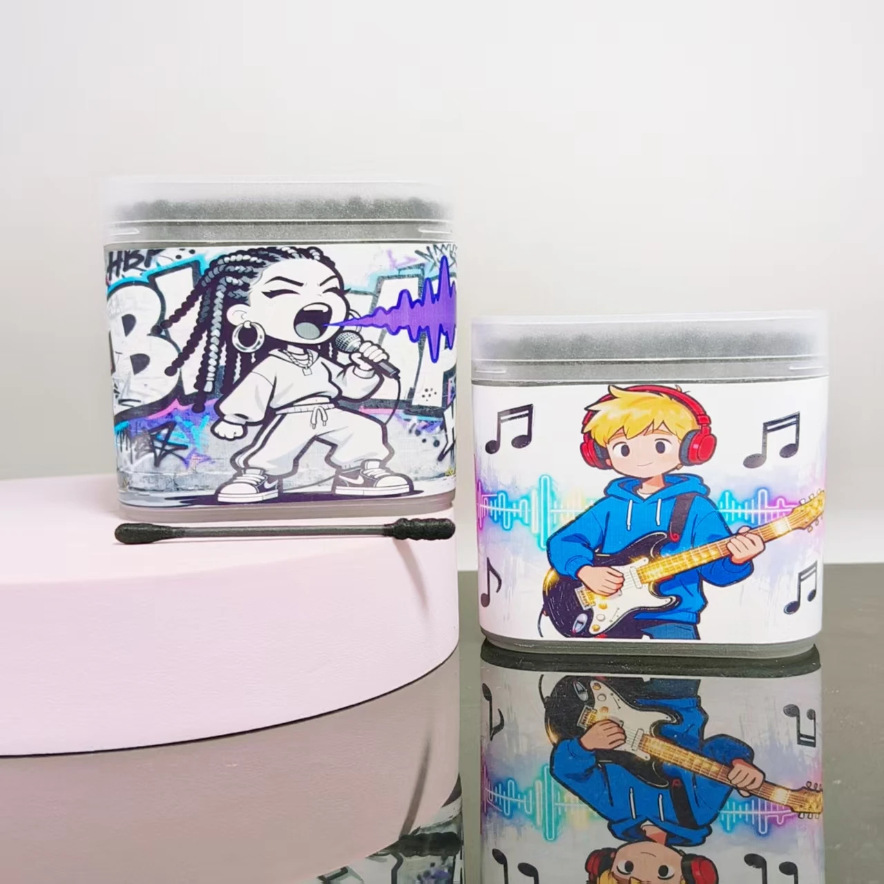 400 Stück (2 Kartons) Musik-Wattestäbchen mit Muster für Jungen und Mädchen, schwarz, doppelköpfiger Wattebausch, Geschenk-Wattestäbchen