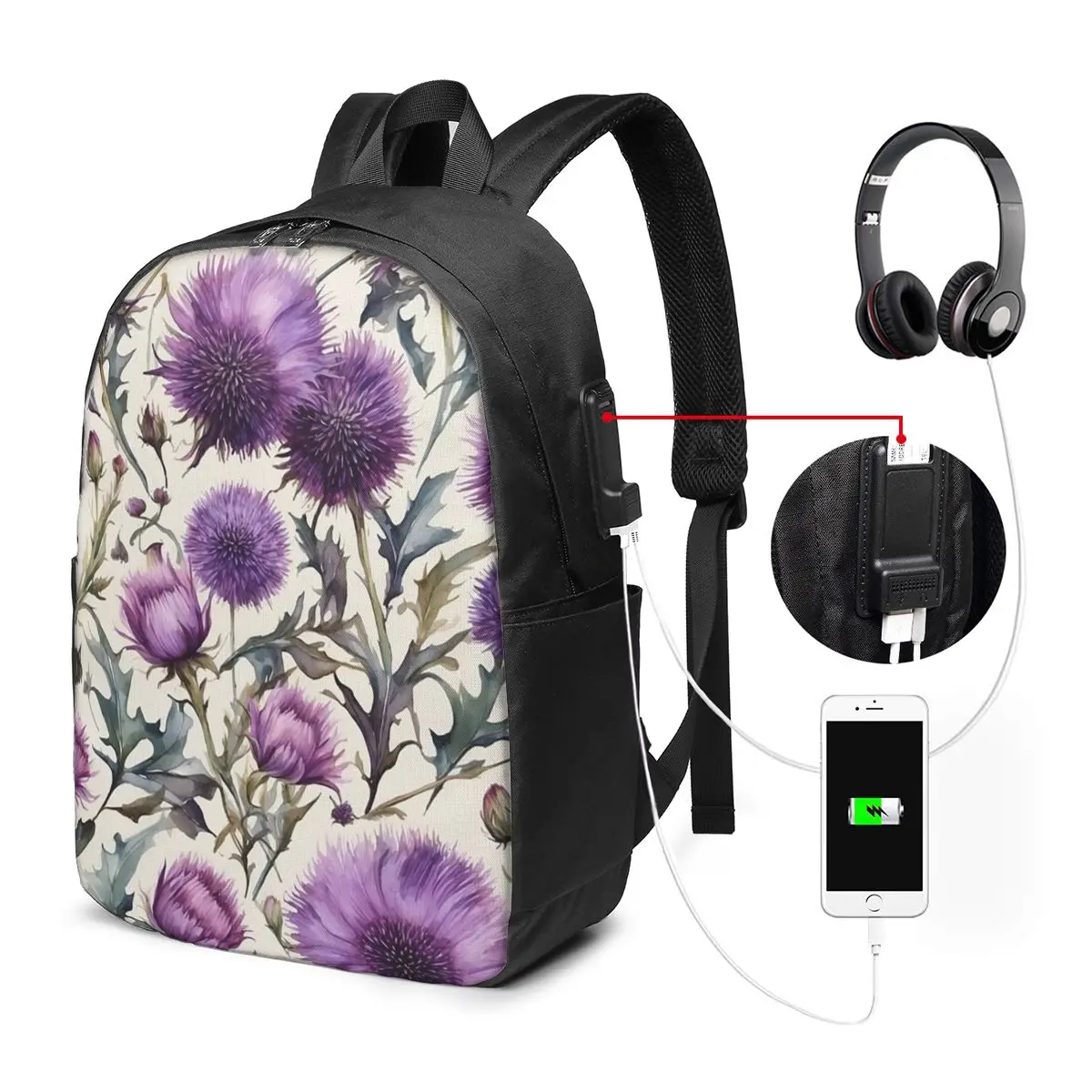 Thistle Flowers With Green Leaves Backpack Travel Notebook Bag Computer College Student School Bag Laptop Shoulder Bags