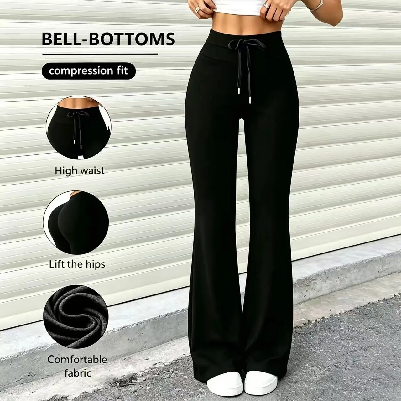 Damen Frühlings- und Sommerhose mit weichem Kordelzug und ausgestelltem Bein – Eleganter Stil, verstellbare Kordelzugtaille, lässig und schmal geschnitten – Detail 3