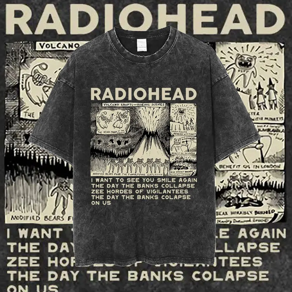 

Radiohead Rock Band Acid Washed Oversized Хлопковая футболка Мужчины Женщины Уличная хип-хоп музыкальная футболка Модные футболки с короткими рукавами Топы