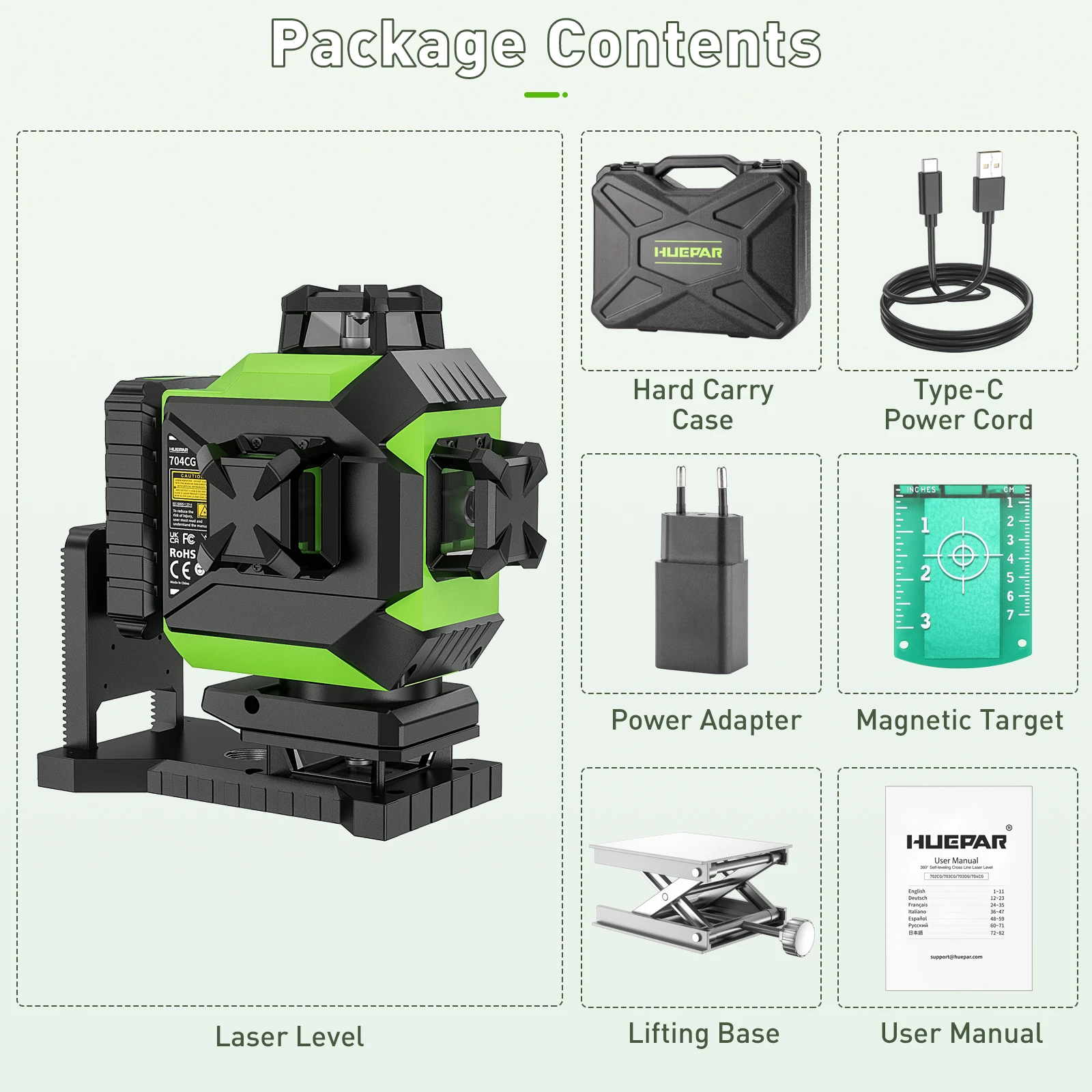 Huepar 704CG 16 Lines 4D Laser Level Self-leveling Green Beam Cross Line Horizontal/Vertical Laser Lines Tiling Floor Laser Tool