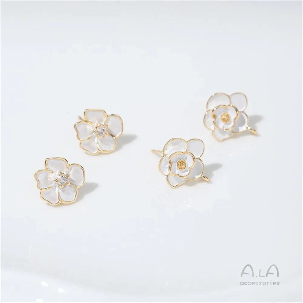 14K Gold-plating Painting Oil Camellia Bead Holder with Rings Earrings DIY Handmade Pearl Silver Needle Ear Jewelry Material