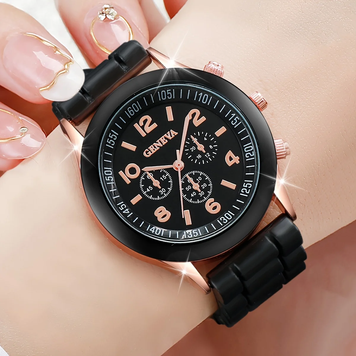 3PCS/set Black White Pink Simple Fashion Three Eyes Digital Pointer Silicone Women Quartz Wristwatch Boudoir Set Women Watch