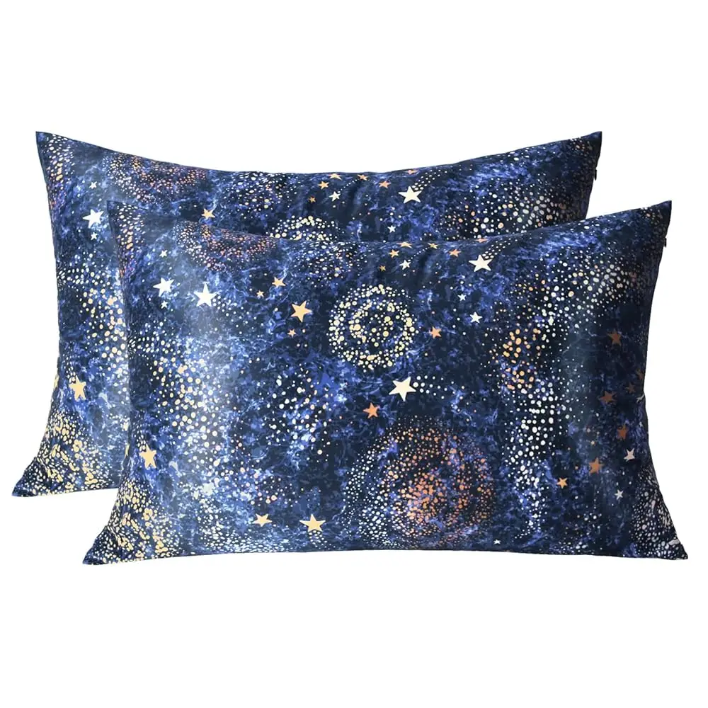 

2 Pa Queen Mulberry Silk Pillowcase Blue Galaxy, 6A Grade 22 Momme 100% Real Silk, Starry Sky Pattern Silk Zipper Pillow Case