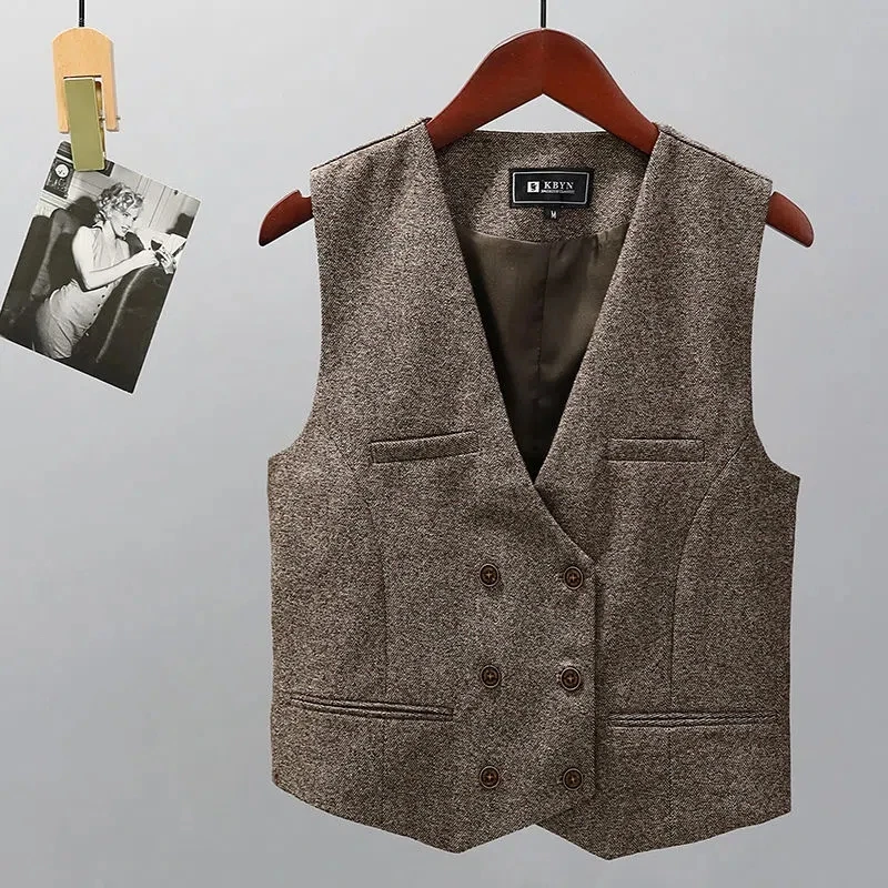 

Women's Suit Vest Brown Double Breasted V Neck Retro Tweed Vests Casual Slim Fit Commuter Wedding Formal Business Waistcoat