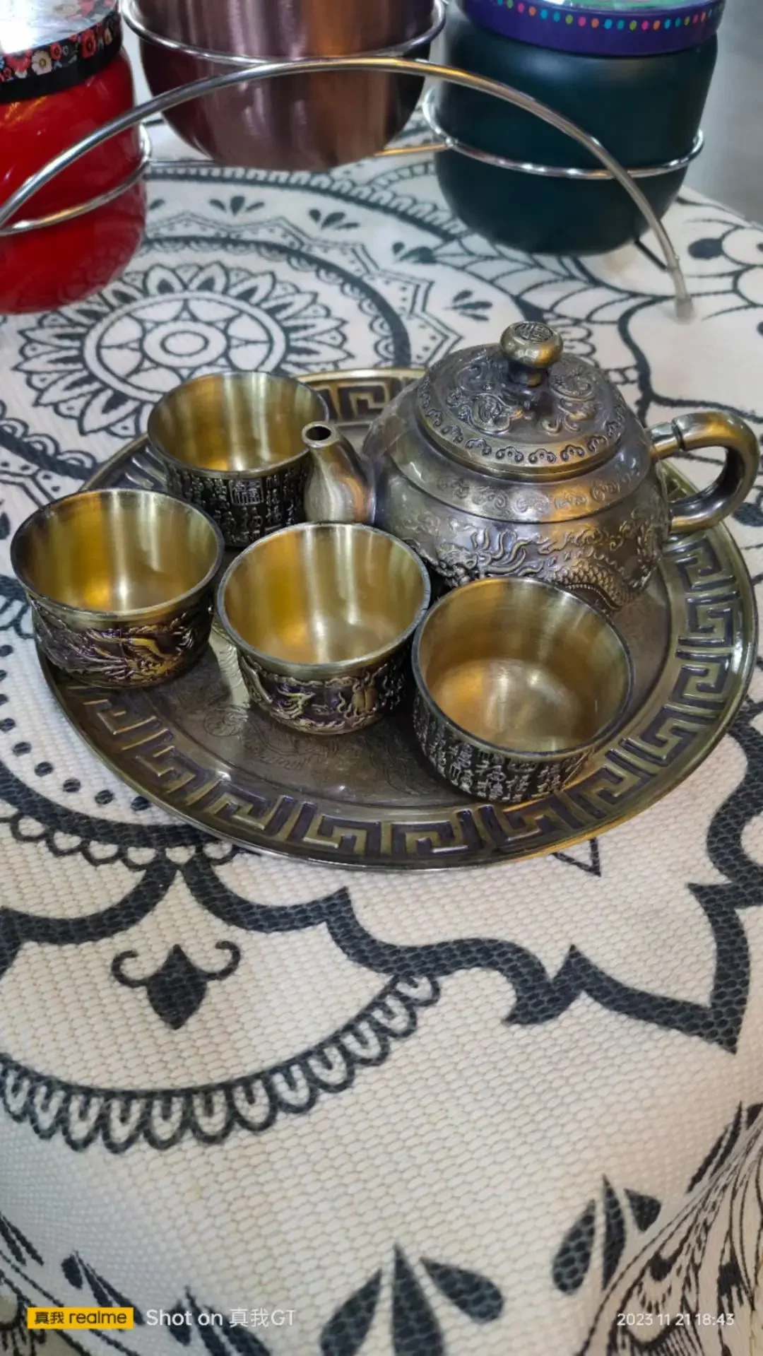 

Bronze Dragon and PhoenixSet 1 Tea Pot 1 Tray 4 Tea Cups National Style Metal Household Tea Cup Set as a Gift