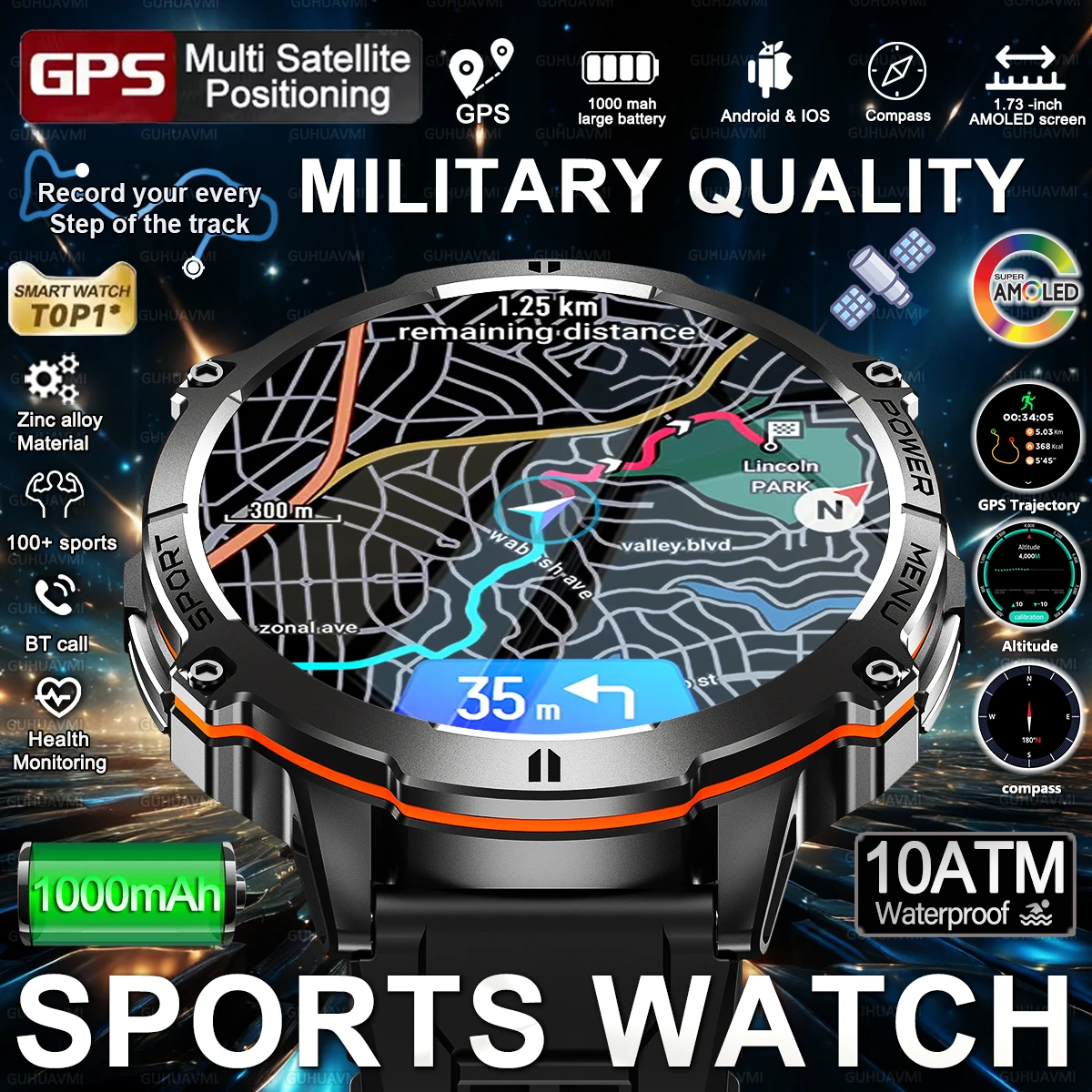 

Новинка 2025 года, хит продаж, уличные военные часы 1000 мАч, мужские умные часы 10 АТМ, водонепроницаемый компас, альтиметр, HD AMOLED-экран, спортивный браслет