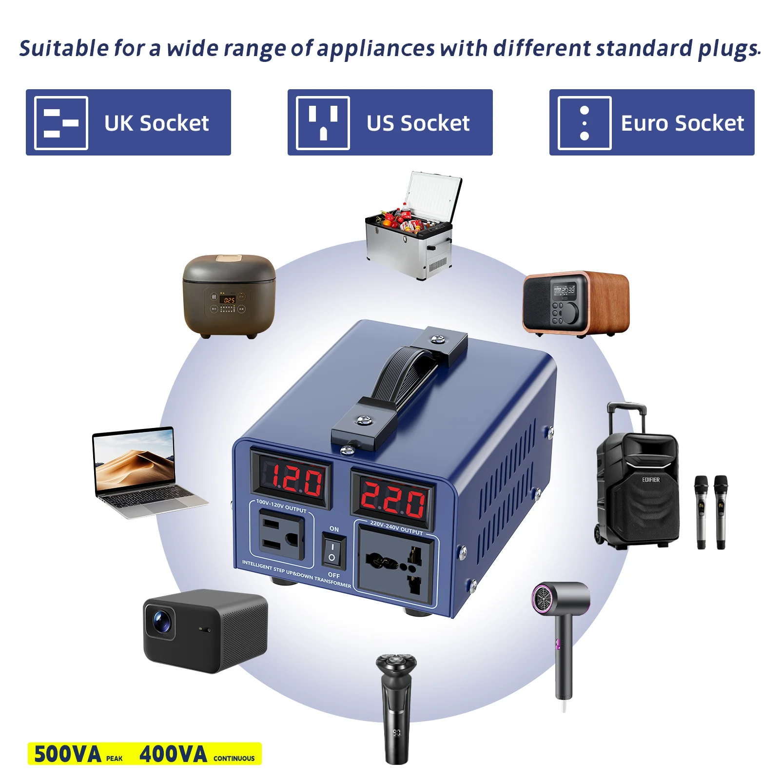 Voltage Converter Transformer, 500VA, Heavy Duty Step Up/Down Power Transformer, Convert from 110V to 220V and 220V to 110V, with EU Outlets, US Outlets, Power Cord, Circuit Breaker Protection for Traveling Camping view 7