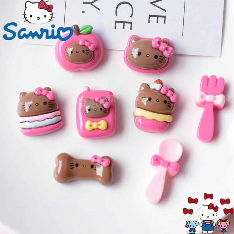 Kawaii Sanrio Hello Kitty New Black Leather Cat Spoon Resin Accessory Diy Nail Decoration Accessory Patch Birthday Gift for Girl