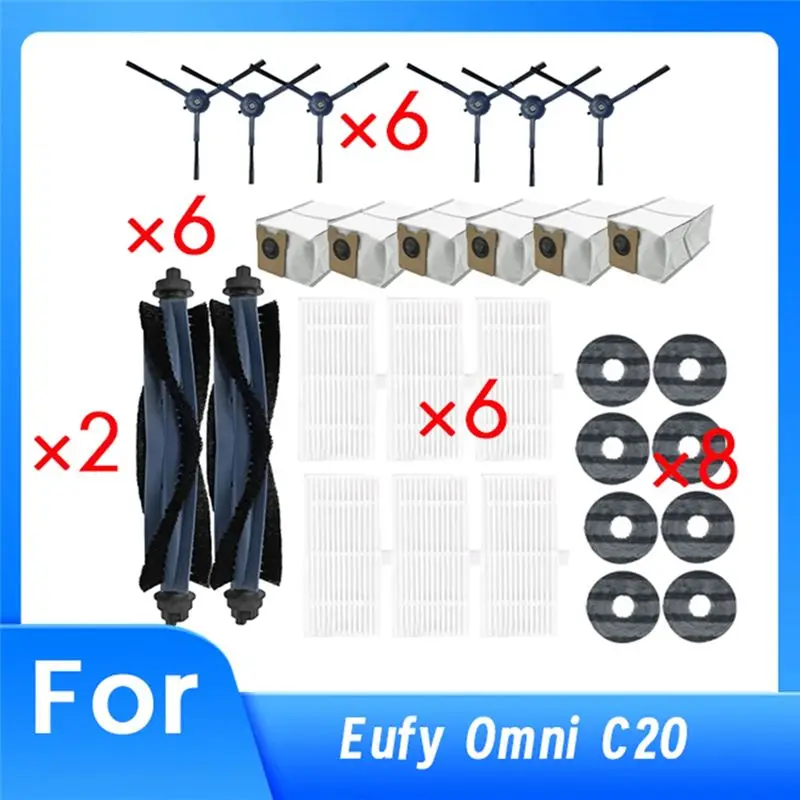 

Запчасти и аксессуары для пылесоса Eufy Omni C20: основная и боковые щетки, насадки для мытья полов, фильтры, мешки для сбора пыли.