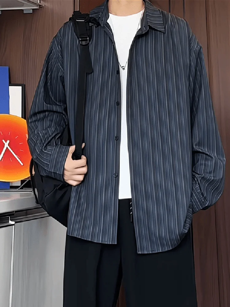 

Blue Black Vertical Stripes Long Sleeve Men's Shirt Vintage American Style Old Money Fashion Dark Button up Classic Coat