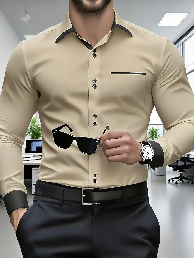 FGKKS Herrenhemd Brandneues Herren-Modehemd in Mehrfarbigem Patchwork-Design mit Langen Ärmeln und Elastischem Bund Smart Casual Männerhemd in Weiß – Detail 7