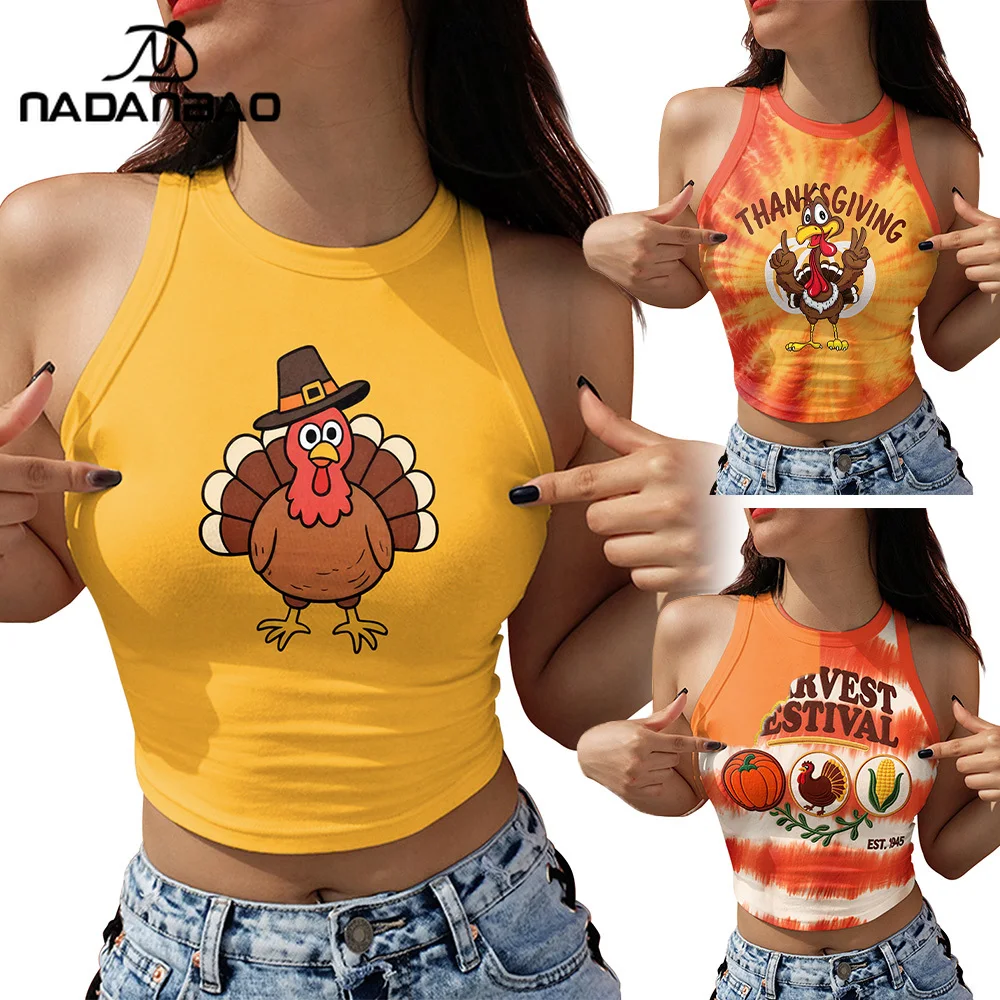 

Nadanbao Yellow Red Women Funny Turkey Print Crop Top Thanksgiving Party Tank Tops Sexy Slim Sleeveless Shirt Casual Holiday Tee