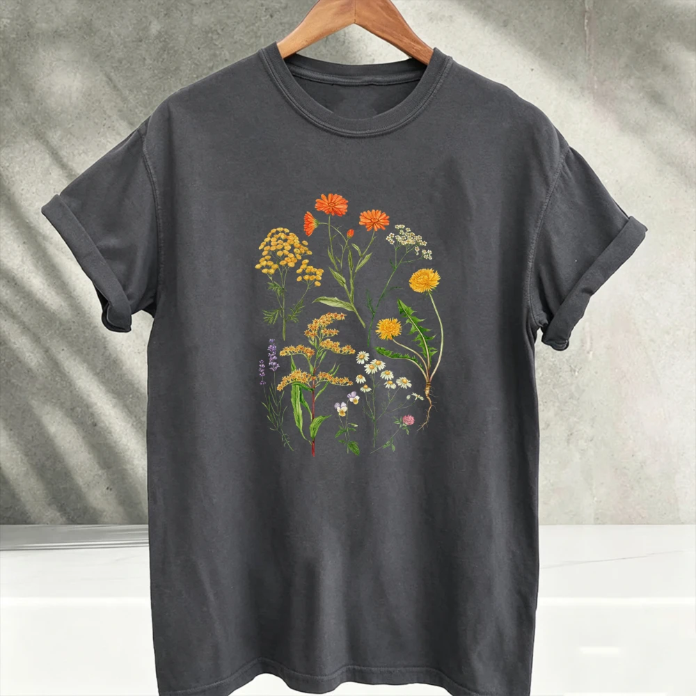 Vintage Watercolor Wildflower Botanical Graphic T‑Shirt Men Colorful Meadow Floral Art Print  Casual Crew Neck Short Sleeve Tops