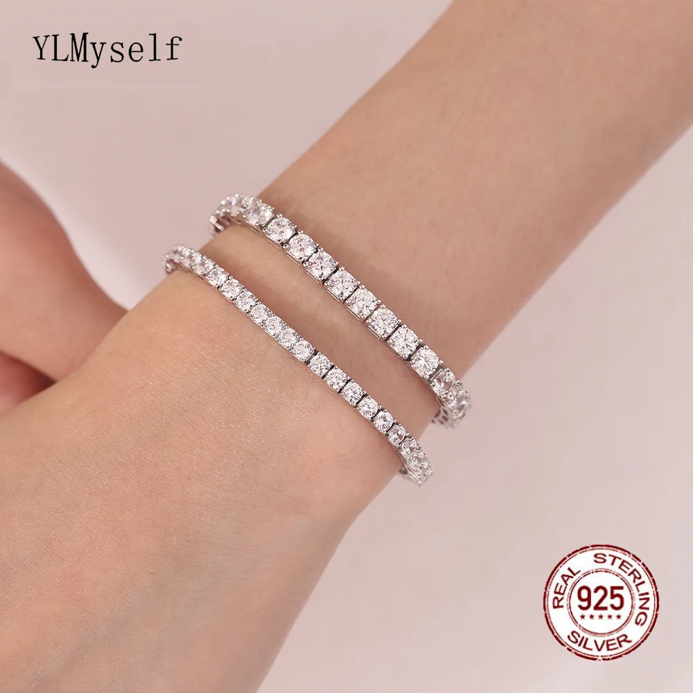 Solid Silver Jewelry Pave Full 3mm 4mm 5A Cubic Zircon HipHop Rock Real 925 Tennis Bracelet Chain