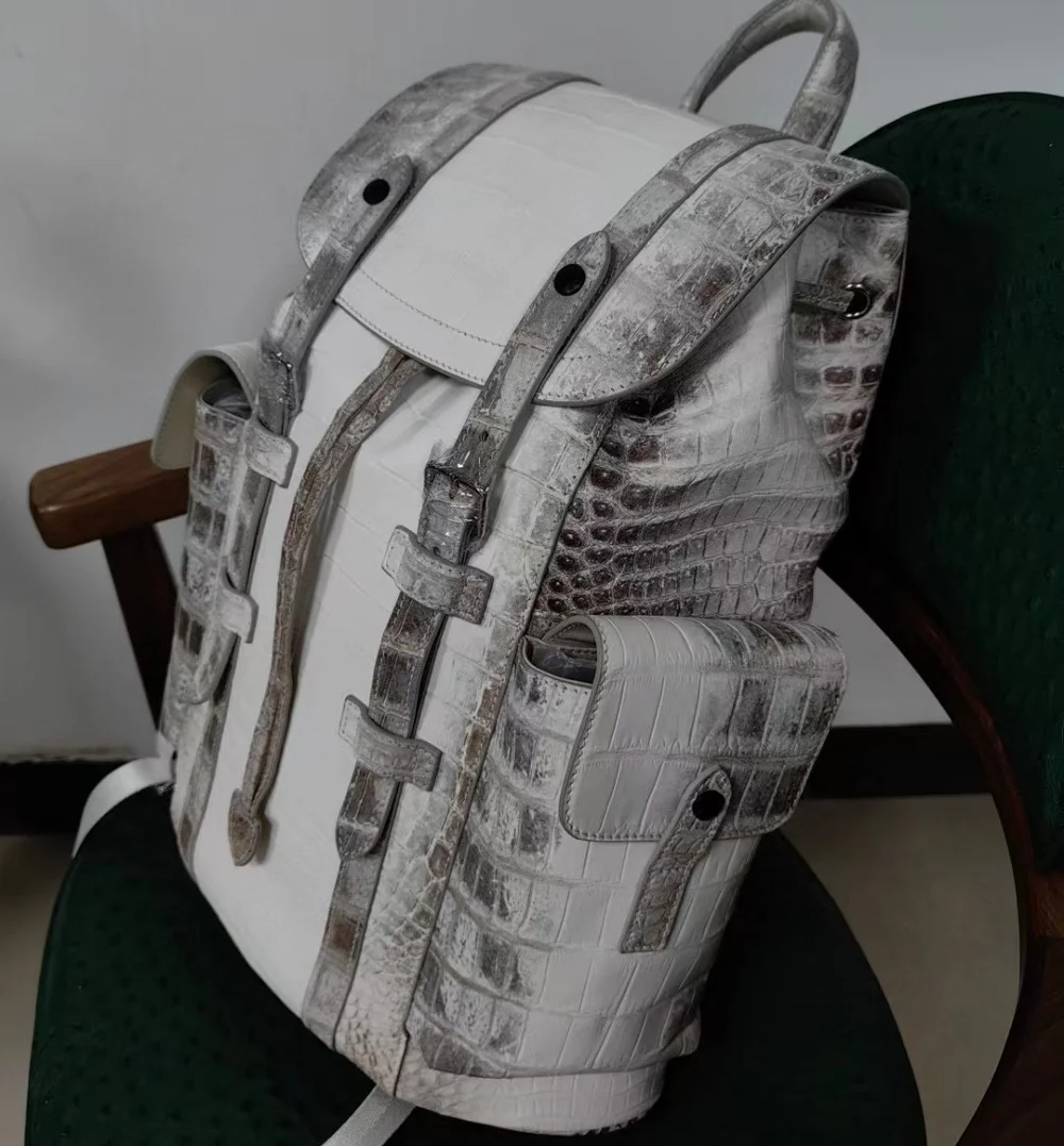Exotic Himalayan White Genuine Crocodile Leather Backpack, Large Capacity Business Travel Laptop Bag for Men Women