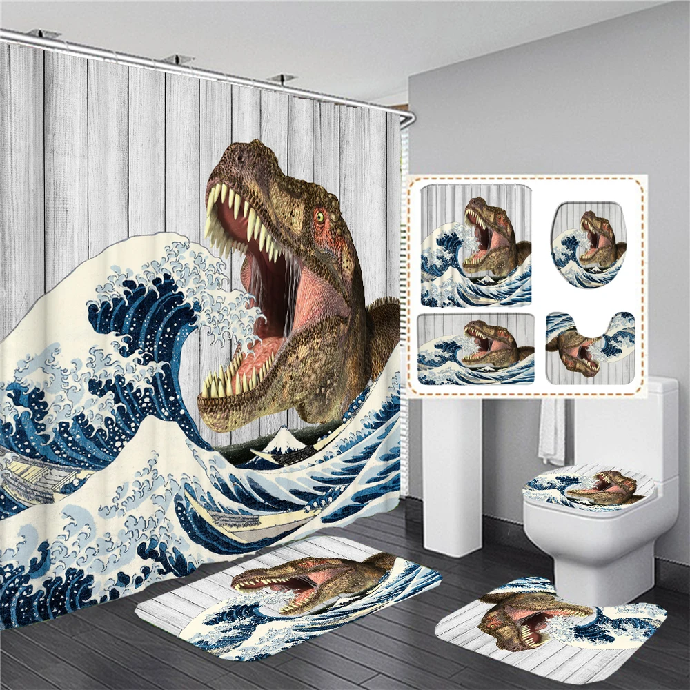 

Funny Dinosaur 3D Print Waterproof Fabric Shower Curtains Set Animal Bathroom Curtain Toilet Cover Bath Mat Non Slip Rug Decor