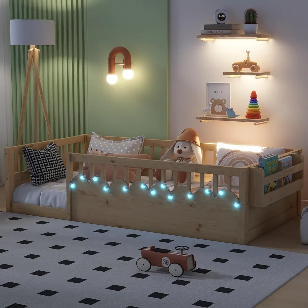 

Кровать Монтессори, деревянная двуспальная напольная кровать Монтессори с высокими направляющими и полкой для хранения, детские напольные кровати со светодиодной подсветкой для мальчика