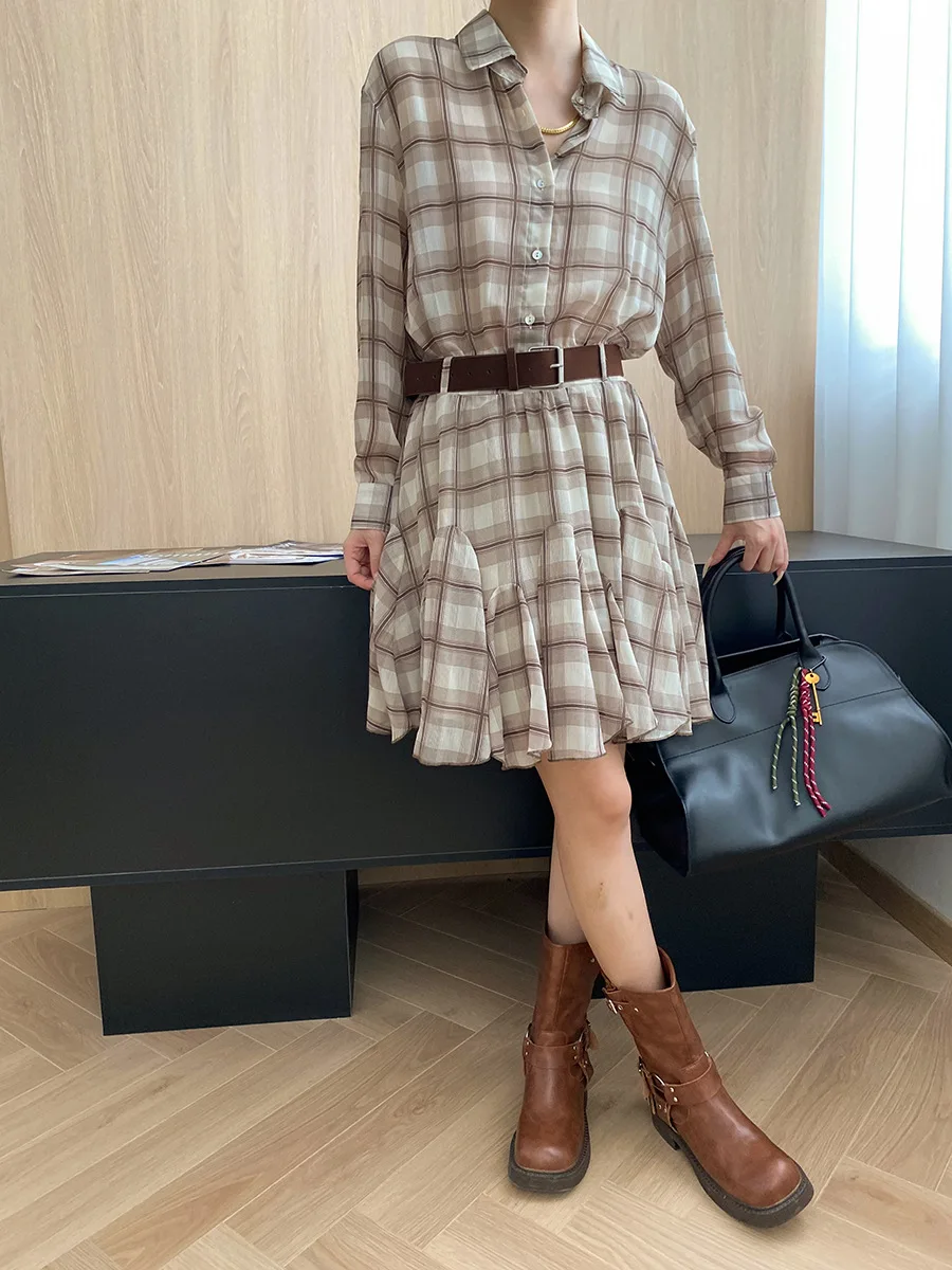 2025 Spring And Autumn Khaki Plaid Shirt Dress Lapel Long Sleeve Ruffle Mini Dress With Belt
