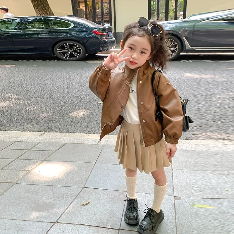 Coats Girls Coffee Leather Autumn Season New Childrens Clothing Jacket Cardigan Button Outerwear Soild Pleated Cool