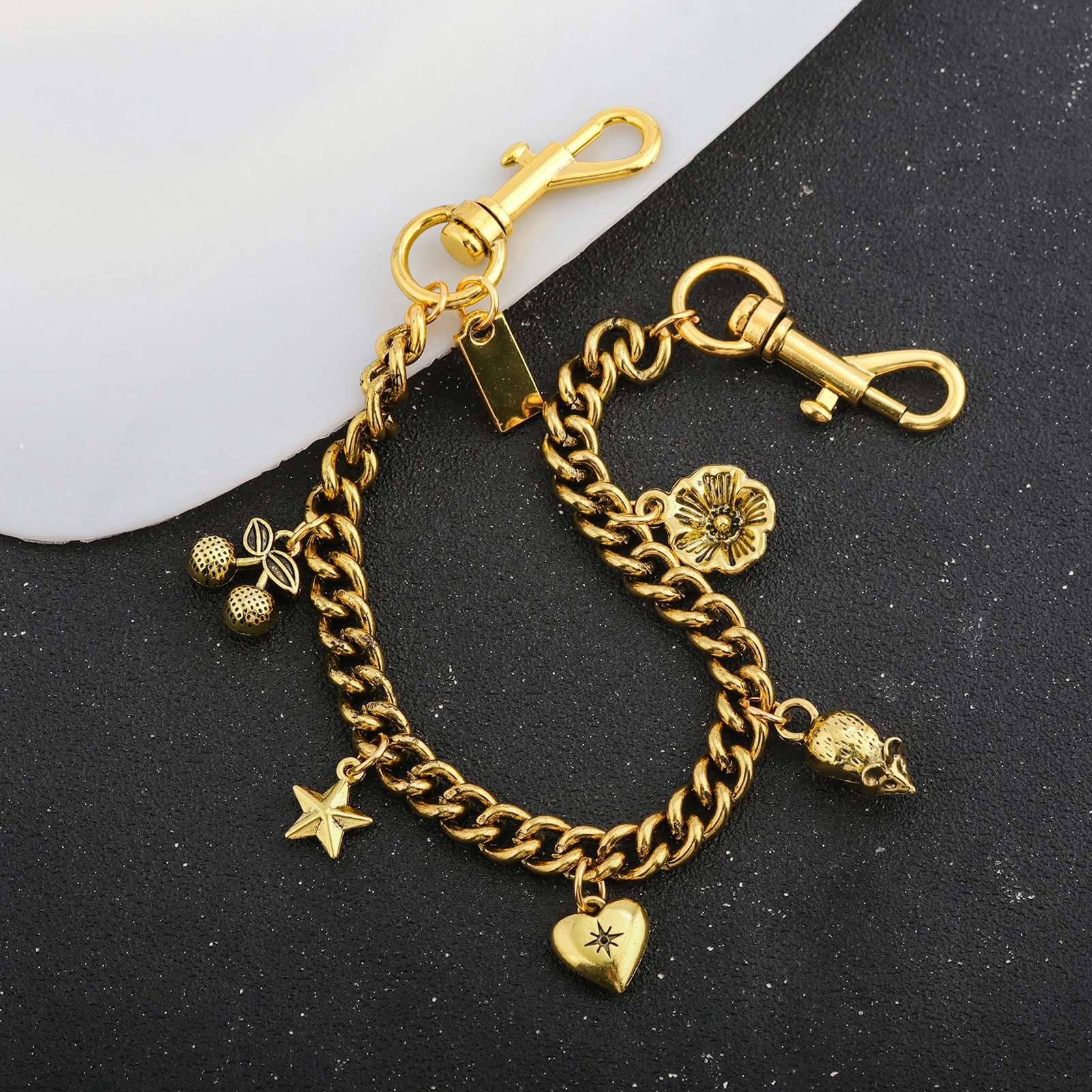 Y2K Multi-Charms Taschenkette mit Kirsch-, Herz-, Stern- und Blumenanhängern, Vintage Cuban Link Taschenanhänger, Abnehmbares Handtaschen-Accessoire, Geschenk – Detail 13