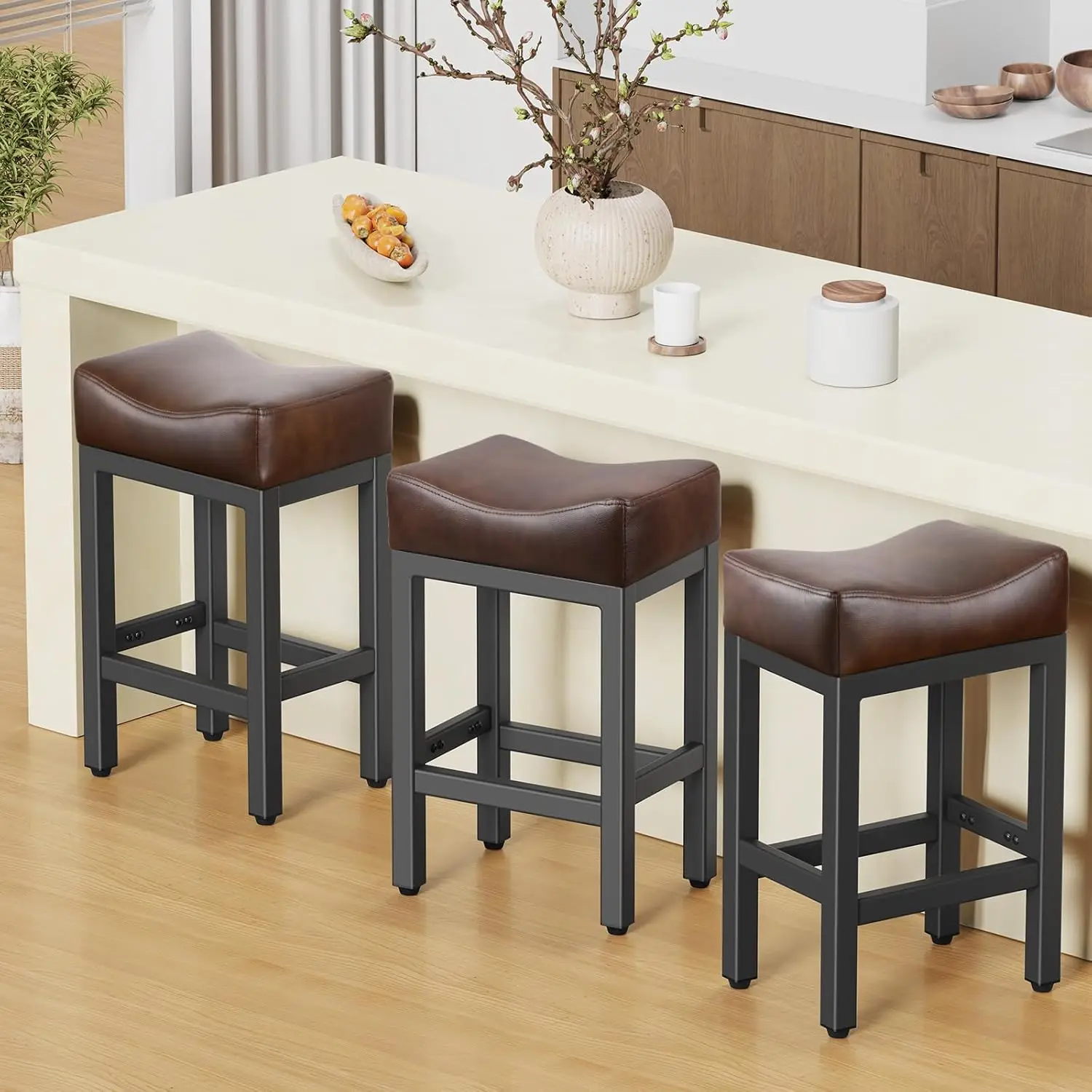 

Counter Height Bar Stools Set of 3, 24 Inch Barstools for Kitchen Island Counter, Bonded Leather Kitchen Stools with Th
