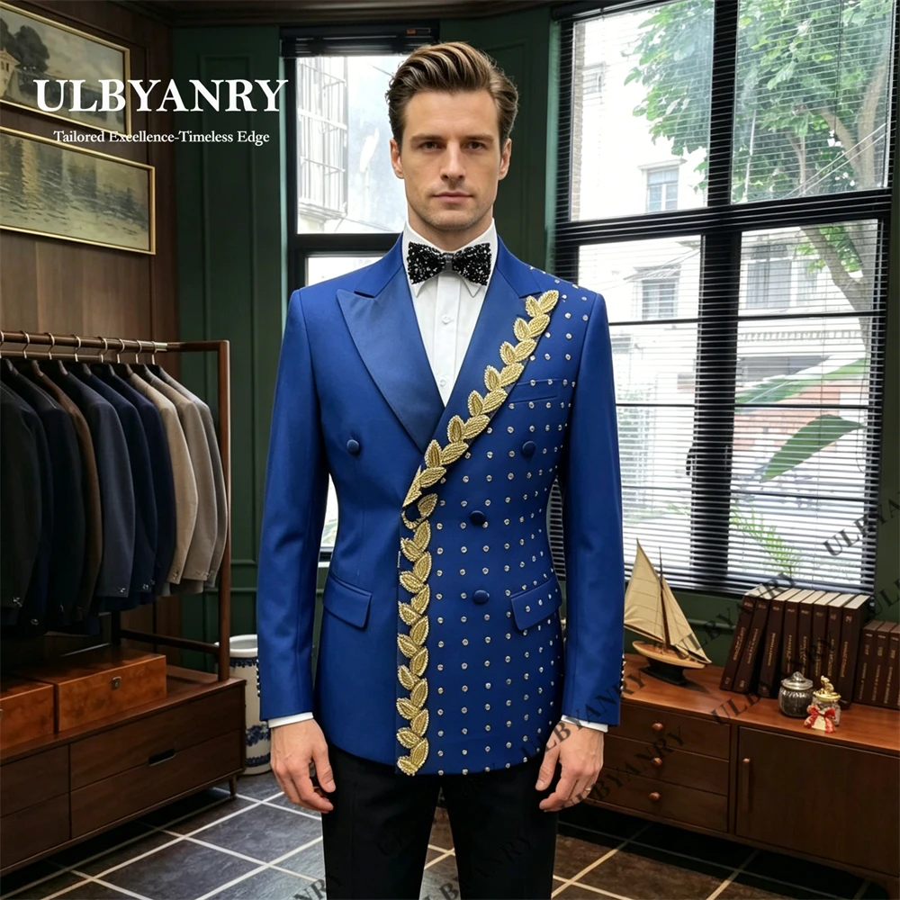 

ULBYANRY Luxury Crystals 2-Piece Suit Set for Men Double Row Slim Fitting Prom Party Suit Attire Wedding Groom Suits Customized