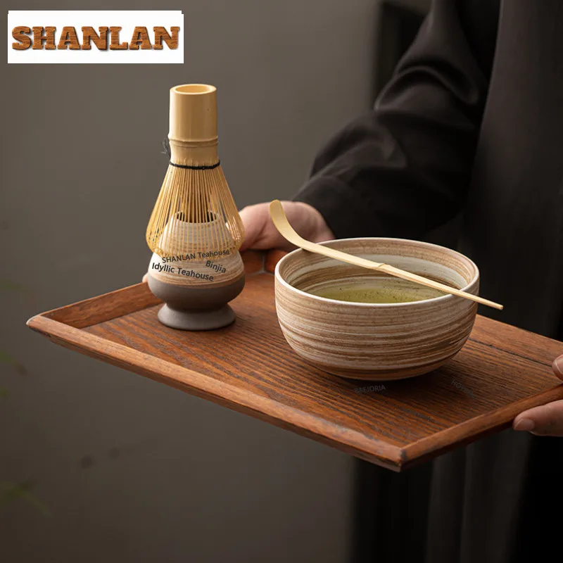 HOYIHM 4PC Japanese Matcha Set Portable Ceramic Tea Kit Cute Cat Handmade Matcha Bowl Bamboo Whisks Brush Spoon Kitchen Gadget