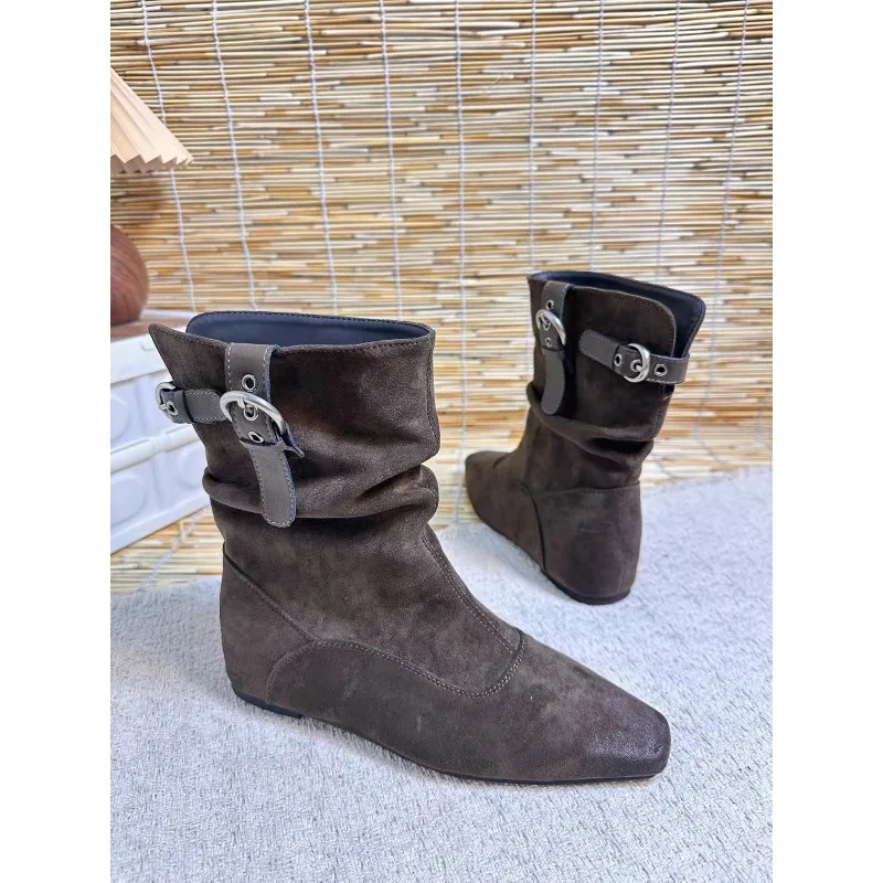Retro Pointed-toe Suede Pleated High-heel Women's Fashion Boots with Leather Belt Buckle and Flat Bottom, Knight Boots