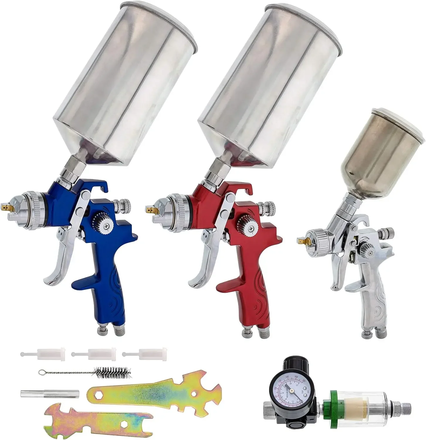 Global Brand HVLP Spray Gun Set - 3 Sprayguns with Cups, Air Regulator & Maintenance Kit for All Auto Paint, Primer, Topcoat