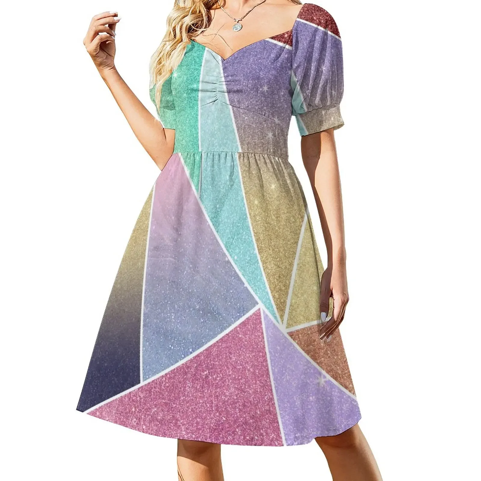 

Modern elegant geometrical pink lilac gold glitter pattern Short-Sleeved Dress women party dresses party dresses woman