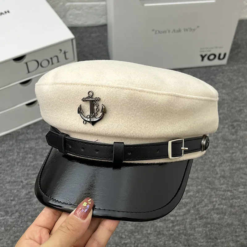 Autumn and Winter Women\'s Navy Hat Day Vintage INS News Children\'s Hat Fashion Wool Sailor Hat Leather Painter Hat Male