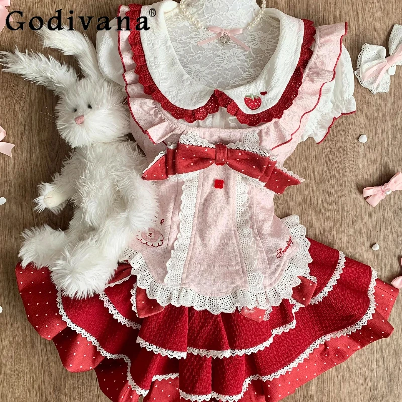 

Girly Polka Dot Bow Dress Set Women Lace Halter Neck Doll Collar Shirt Puffy Princess Dress Lady Sweet Three Piece Suit