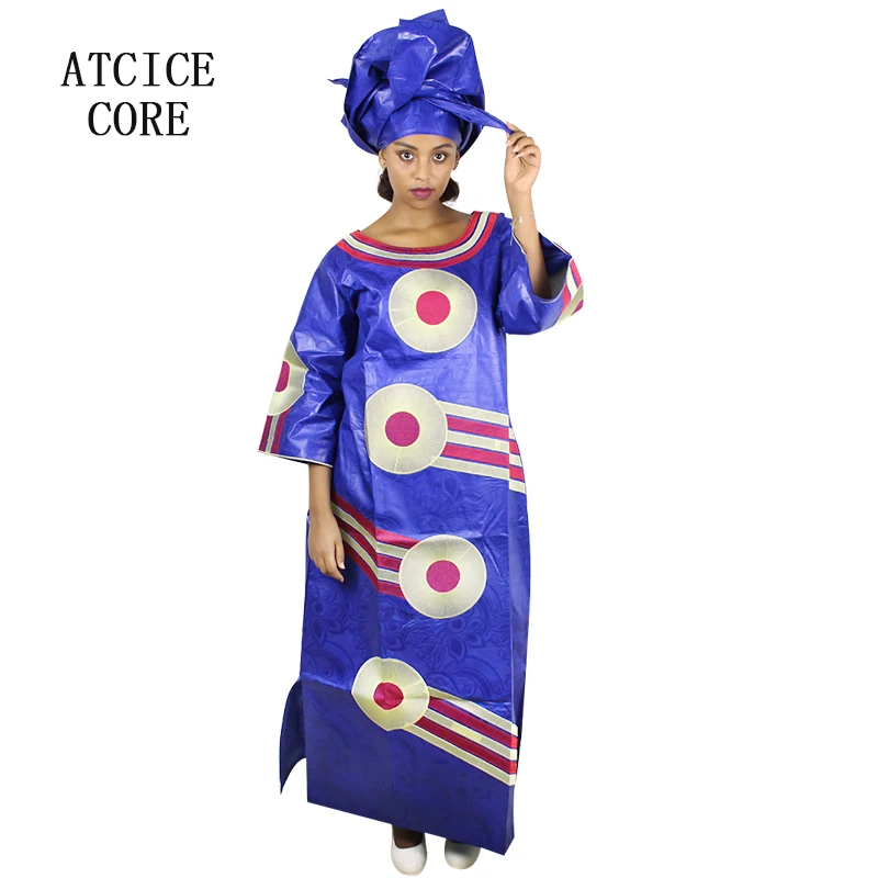 African Dresses For Woman Bazin Riche Computer Emboridery Long Dress With Scarf