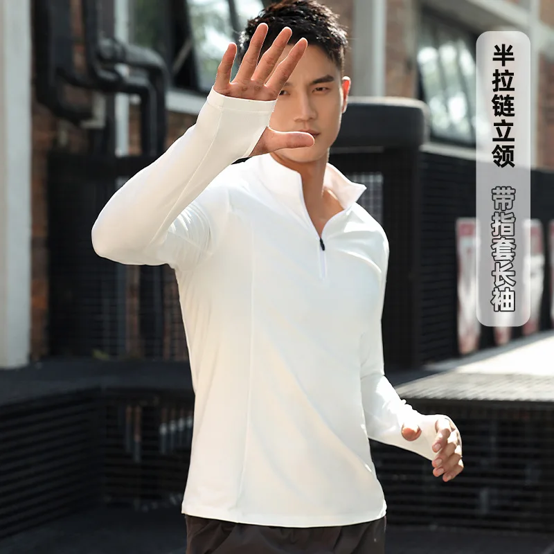 2024 New Mens Sports T-Shirt Long Sleeve Top Gym Clothing Fitness Compression Shirt Half Zip Pullover Quick Dry Sportswear