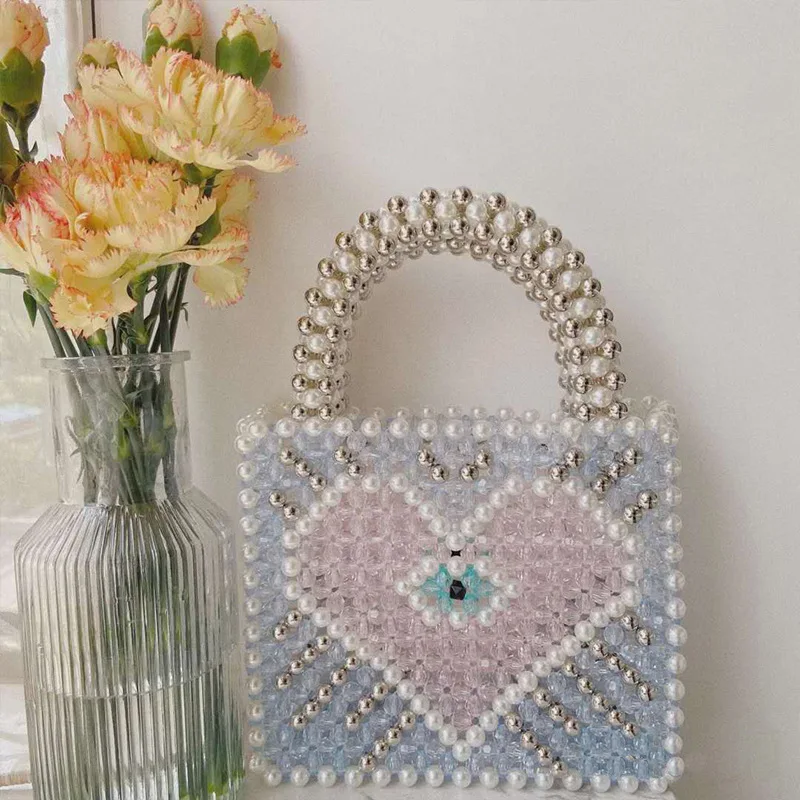 Fashion Heart Pearl Bag Beaded Bags for Women 2022 Floral Mini Handbags Light Blue Peach Handmade Women Bags Designer Beaded Bag