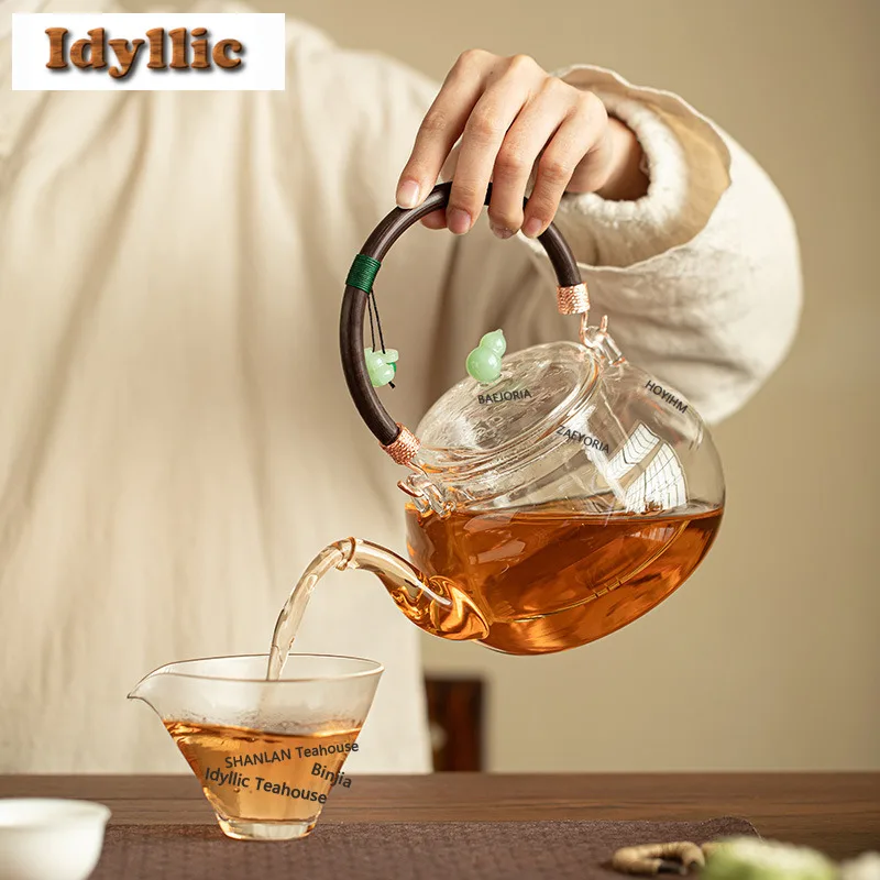 900ml Gourd Glass Steaming Hoop Handle Boiling Water Kettle Large Capacity Tea Maker Pot Healthy Tea Kettle Teaware Supplies