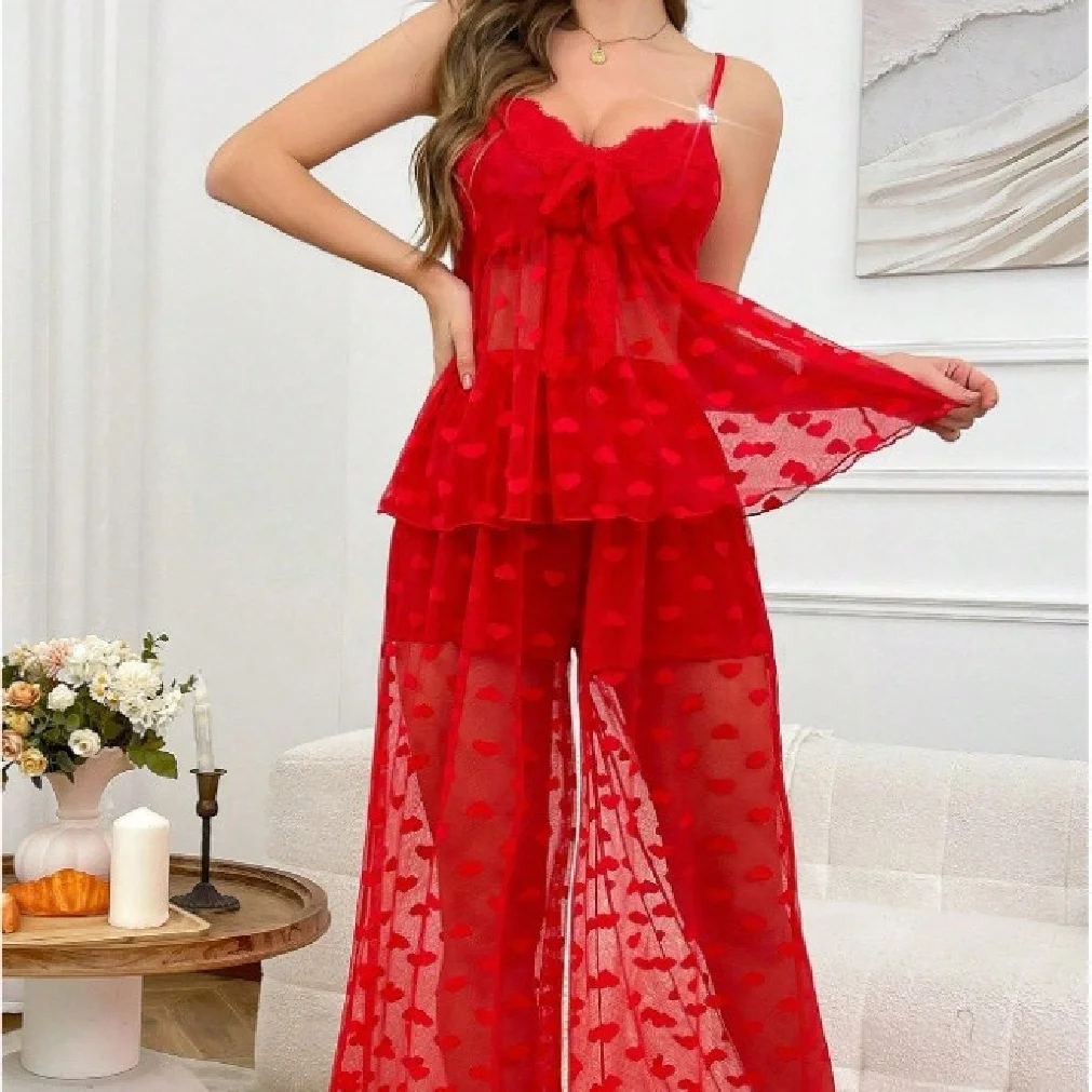 

Sexy Red Heart Lace See-through Long Dress Underwear Romantic Adult Entertainment Gown for Special Occasions