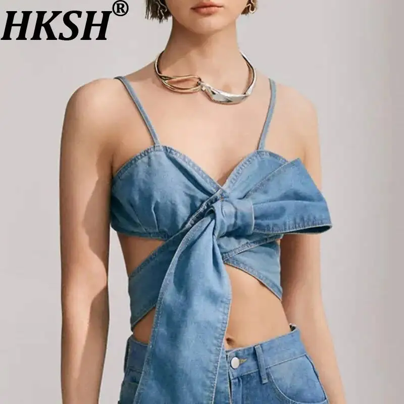 

HKSH Women Sexy Denim Vest Strap Bowknot Versatile Retro Elegant Streetwear Y2K Chic Tide Short Tank Top New Summer 2026 HK23181