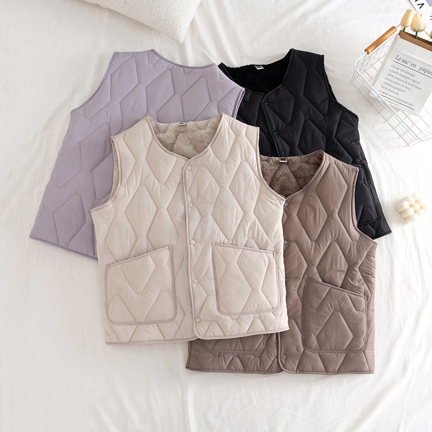Herren-Weste aus gesteppter, mit Fce gefütterter Baumwolle, Frühling und Herbst, lässige Weste, Thermo-Unterwäsche, Polyesterfaser, V-Ne
