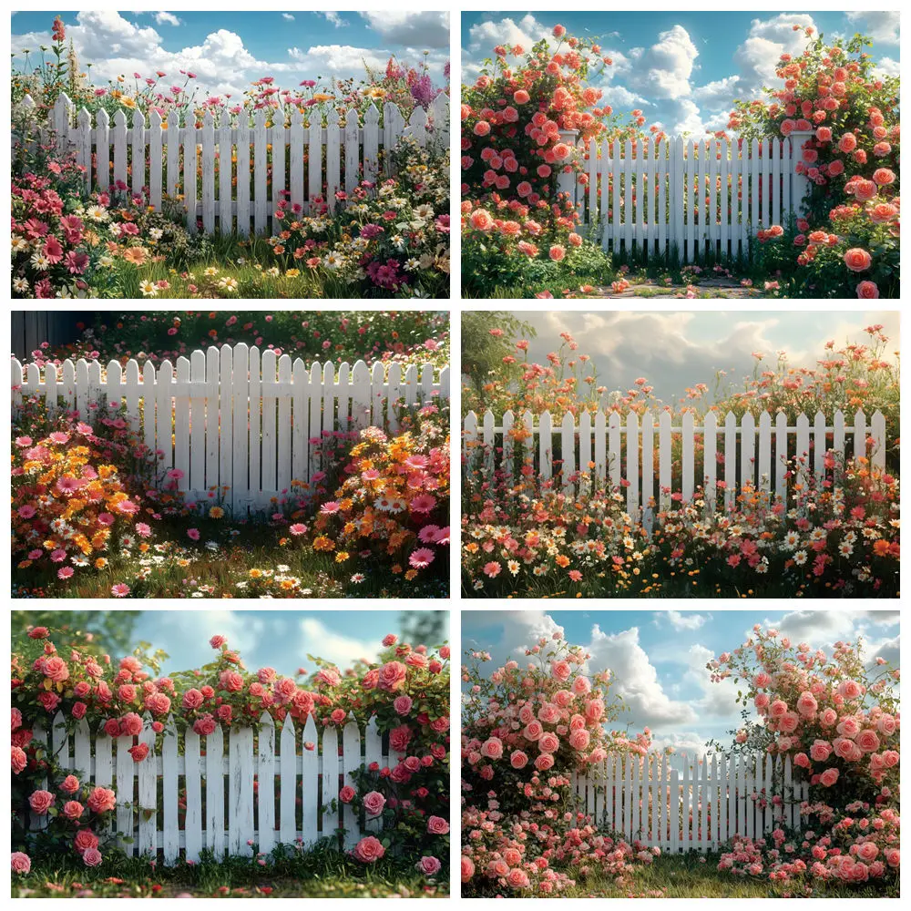 

Spring Garden Flower Backdrop Green Grass Floral Wall Fence Bridal Shower Wedding Party Baby Birthday Photography Background