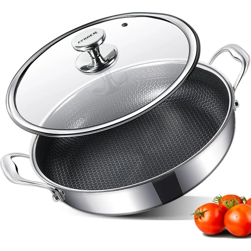 

Hybird Nonstick Deep Frying Pan-13.5inch 316L Stainless Steel Sauté Pan and Lid, Two Handle Hold, PFOA Free, Dishwasher