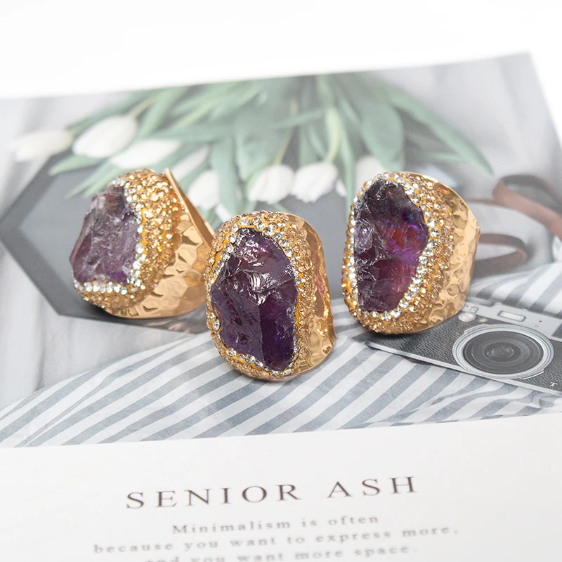 Irregular Amethyst Open Ring for Women Micro Inlay Adjustable Reiki Natural Stone Finger Jewelry