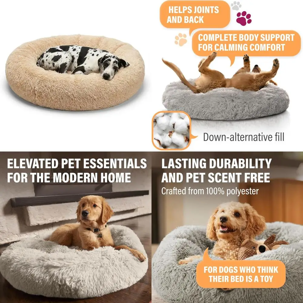 

Большая бежевая плюшевая лежанка для животных в форме пончика (36 дюймов) со съемным чехлом для поддержки суставов и снятия тревоги