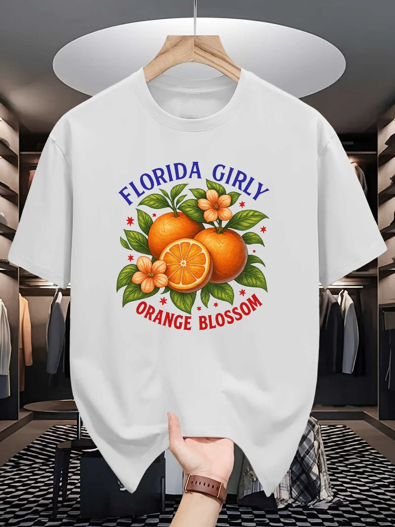 Men White Crew Neck Tee Florida Girly Orange Blossom Fresh Citrus Fruit Floral Star Retro Florida State Summer Casual Cotton Top